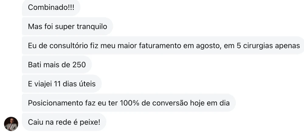 Print de conversa: Edgard conta que fez o maior faturamento em agosto com 5 cirurgias e 100% de conversão
