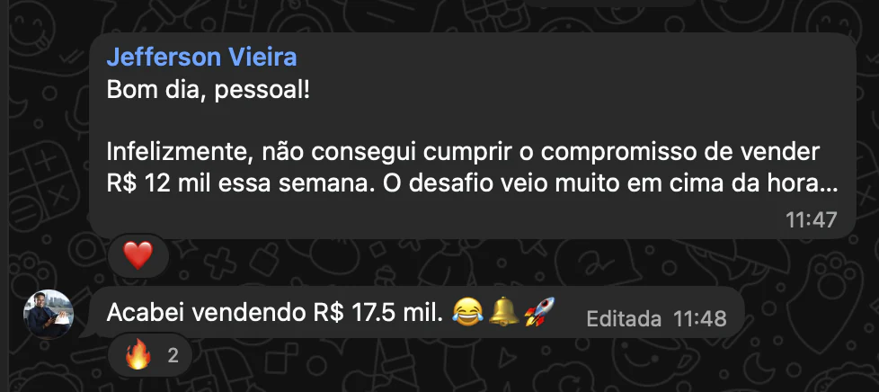 Print de WhatsApp: Jefferson tinha o compromisso de vender 12 mil na semana e vendeu 17,5 mil