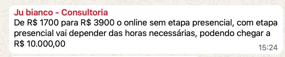 Print de WhatsApp: Juliana conta que o preço do online passou de 1.700 para 3.900 reais